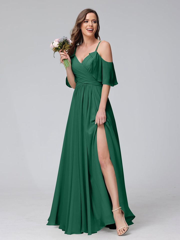 A-Line V-Neck Chiffon Long Bridesmaid Dresses With Split Side &amp; Spaghetti Straps