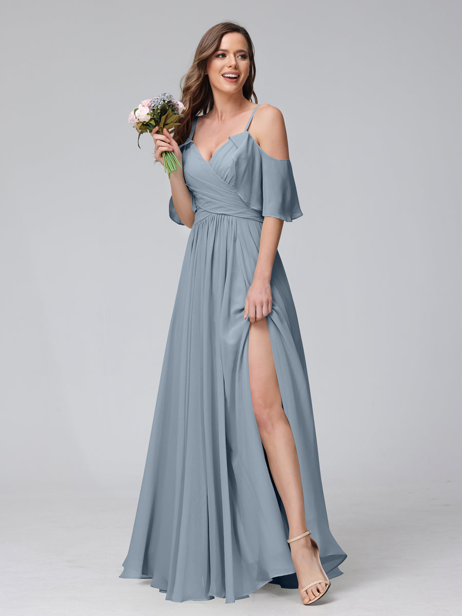 A-Line V-Neck Chiffon Long Bridesmaid Dresses With Split Side &amp; Spaghetti Straps