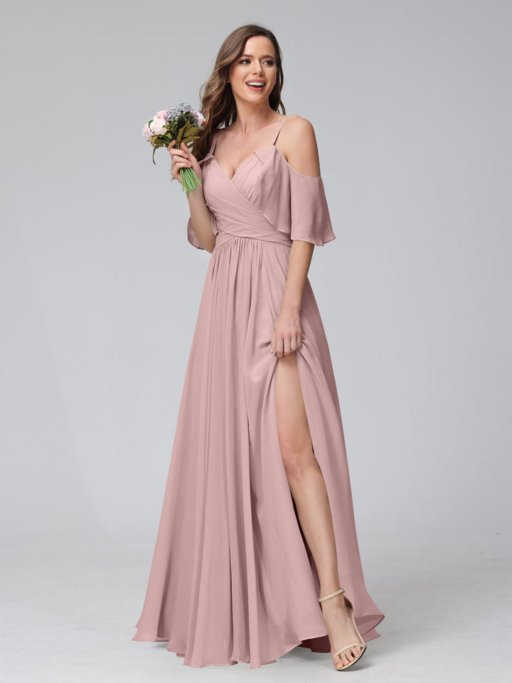 A-Line V-Neck Chiffon Long Bridesmaid Dresses With Split Side &amp; Spaghetti Straps