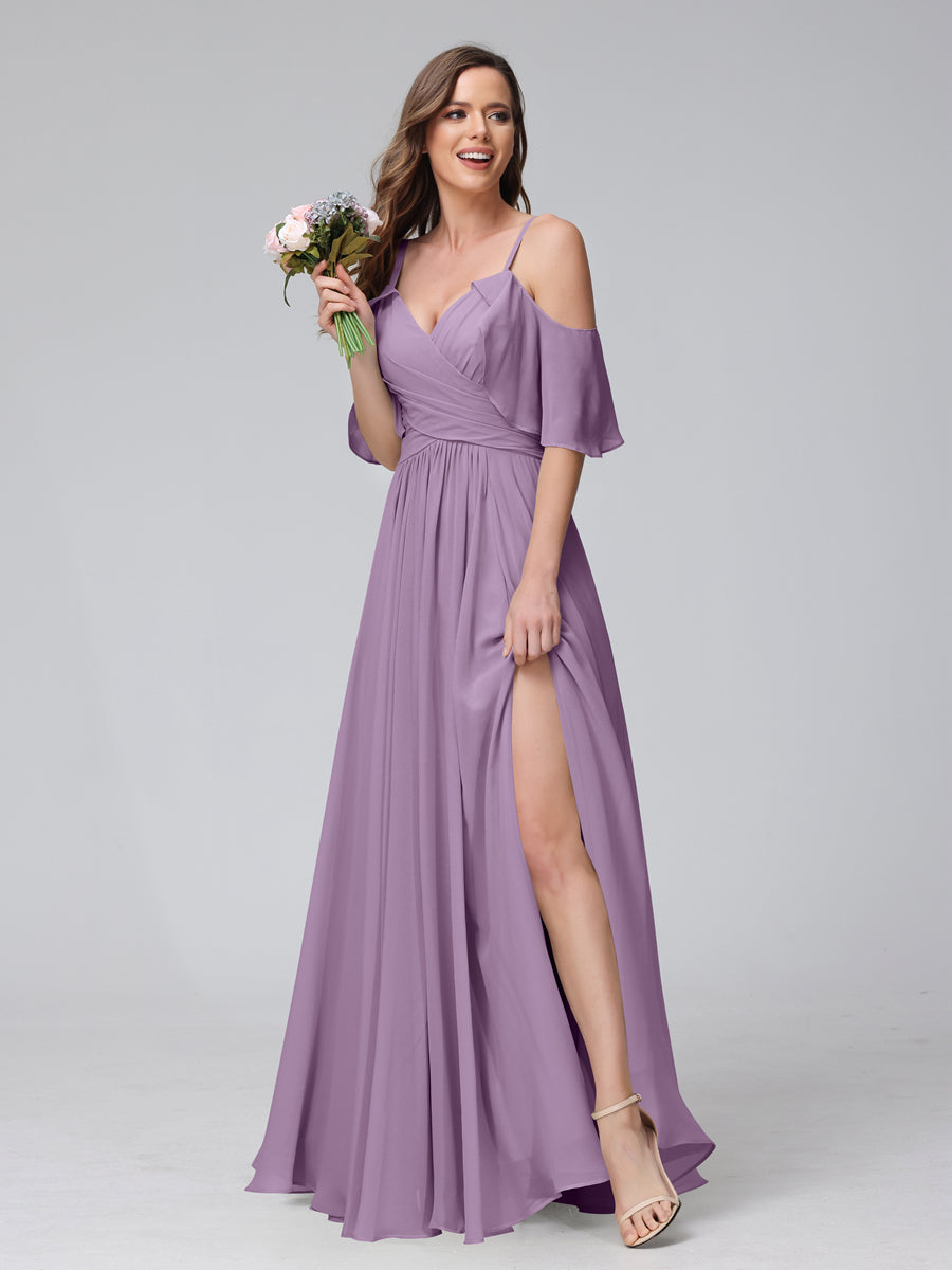 A-Line V-Neck Chiffon Long Bridesmaid Dresses With Split Side &amp; Spaghetti Straps