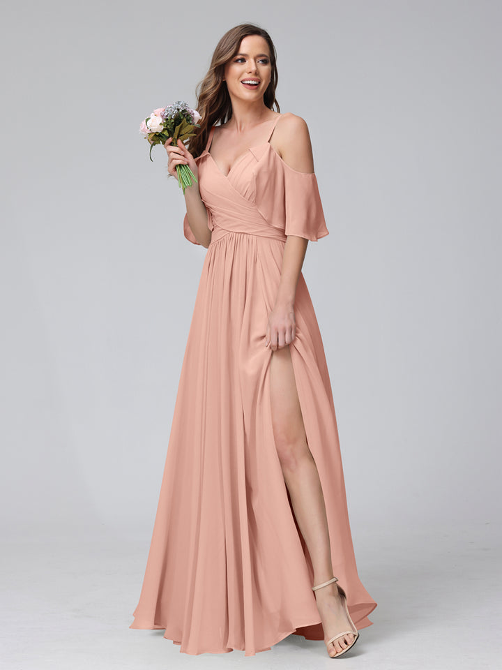 A-Line V-Neck Chiffon Long Bridesmaid Dresses With Split Side &amp; Spaghetti Straps