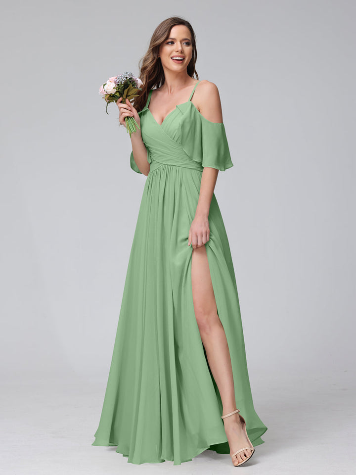 A-Line V-Neck Chiffon Long Bridesmaid Dresses With Split Side &amp; Spaghetti Straps