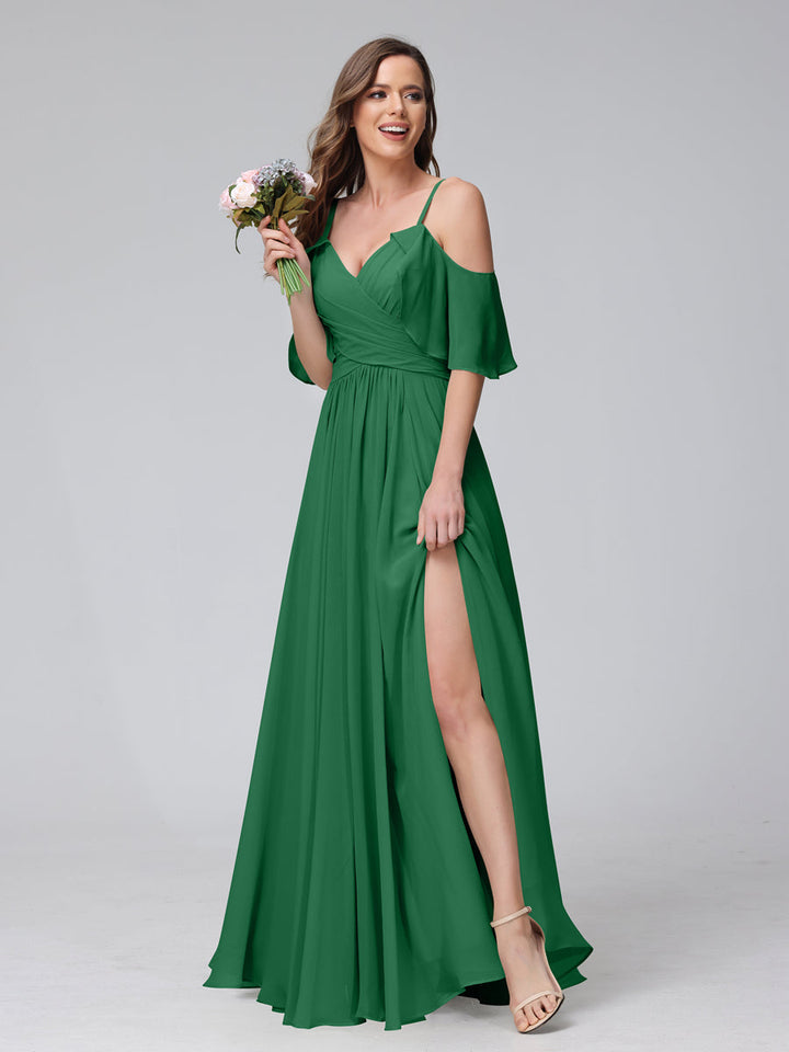 A-Line V-Neck Chiffon Long Bridesmaid Dresses With Split Side &amp; Spaghetti Straps