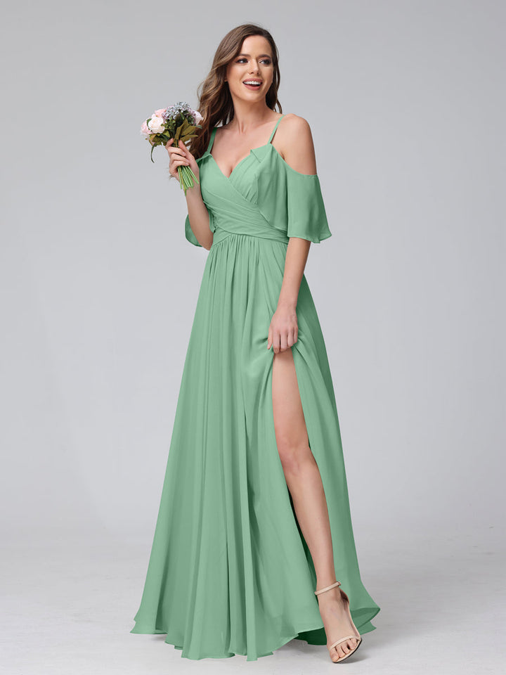 A-Line V-Neck Chiffon Long Bridesmaid Dresses With Split Side &amp; Spaghetti Straps