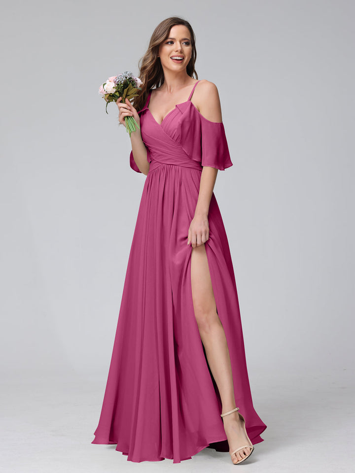 A-Line V-Neck Chiffon Long Bridesmaid Dresses With Split Side &amp; Spaghetti Straps
