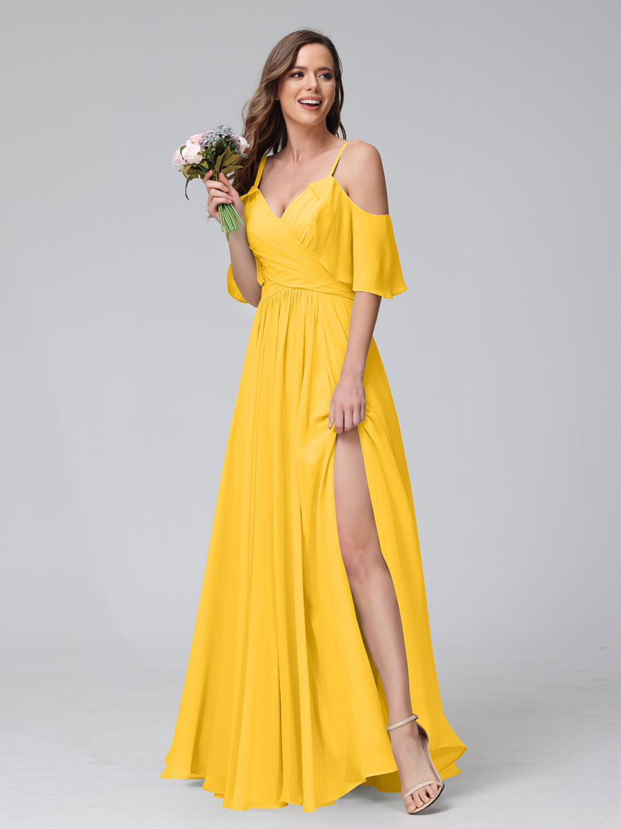 A-Line V-Neck Chiffon Long Bridesmaid Dresses With Split Side &amp; Spaghetti Straps