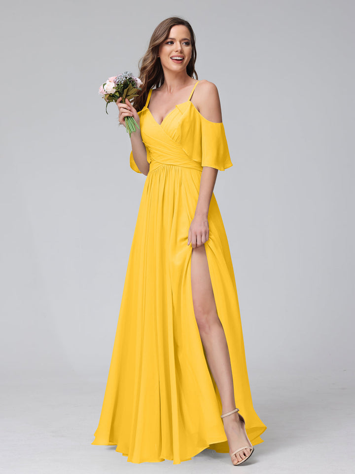 A-Line V-Neck Chiffon Long Bridesmaid Dresses With Split Side &amp; Spaghetti Straps