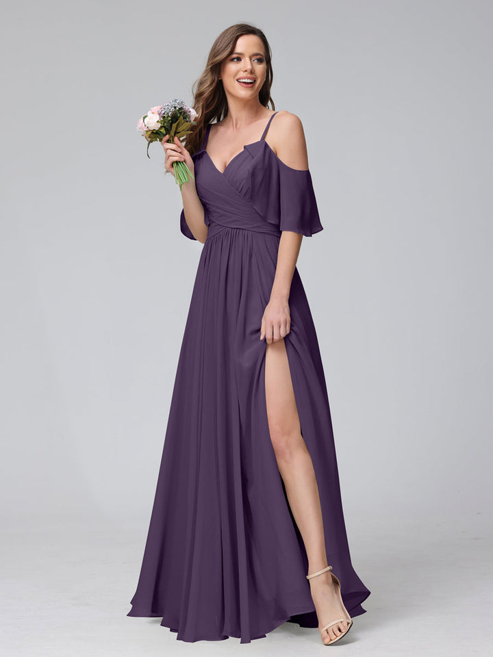 A-Line V-Neck Chiffon Long Bridesmaid Dresses With Split Side &amp; Spaghetti Straps