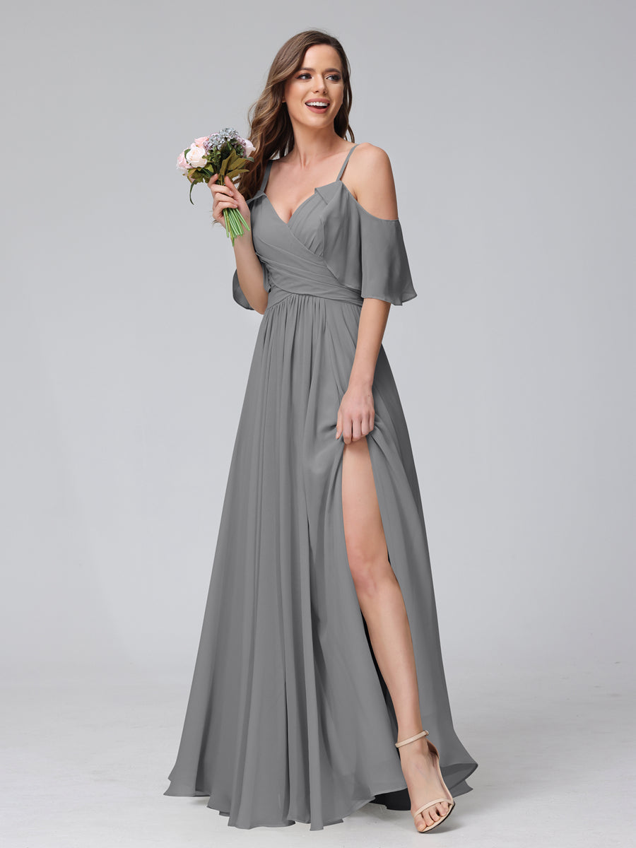 A-Line V-Neck Chiffon Long Bridesmaid Dresses With Split Side &amp; Spaghetti Straps