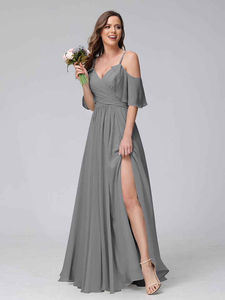 A-Line V-Neck Chiffon Long Bridesmaid Dresses With Split Side &amp; Spaghetti Straps