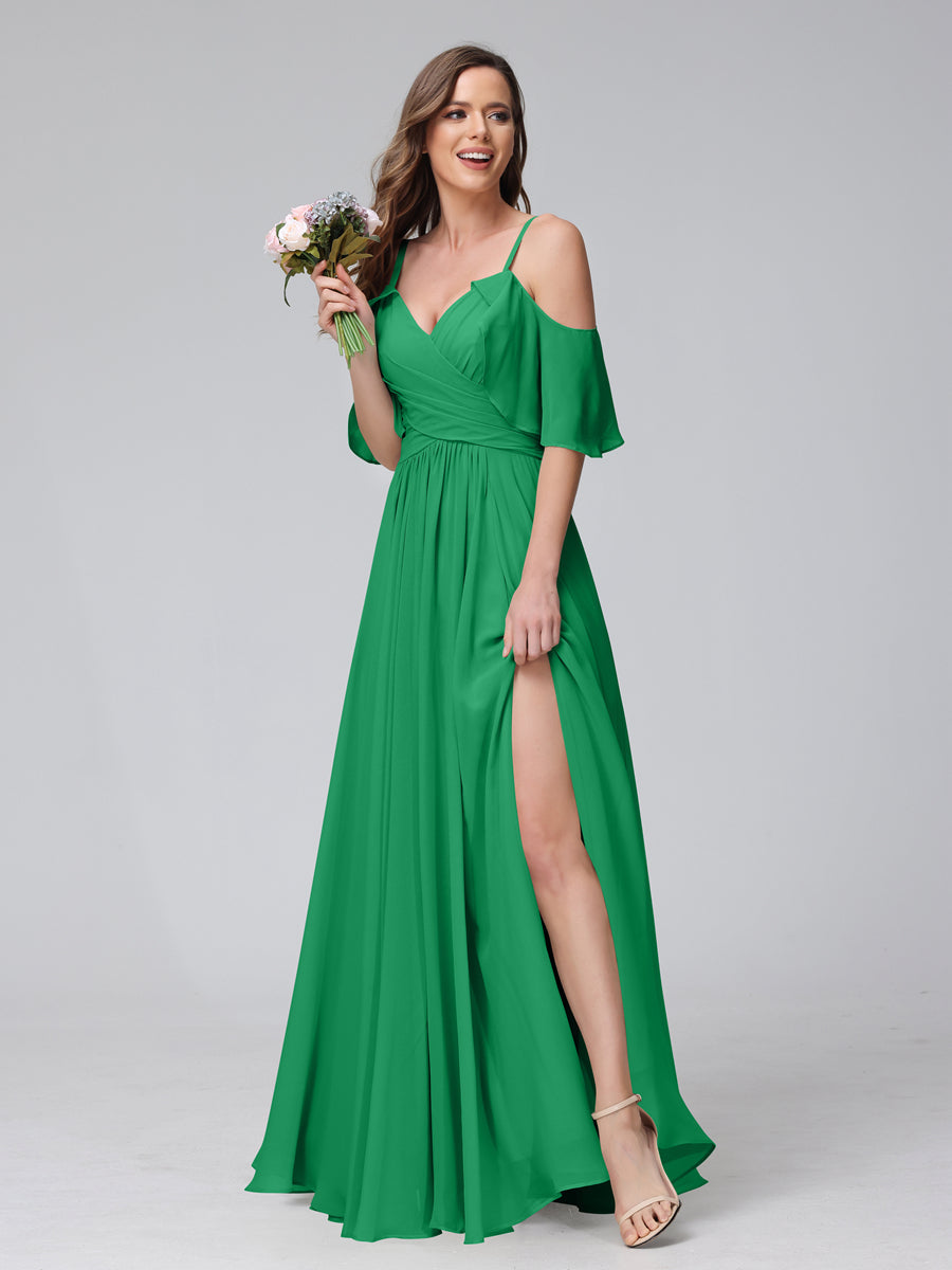 A-Line V-Neck Chiffon Long Bridesmaid Dresses With Split Side &amp; Spaghetti Straps