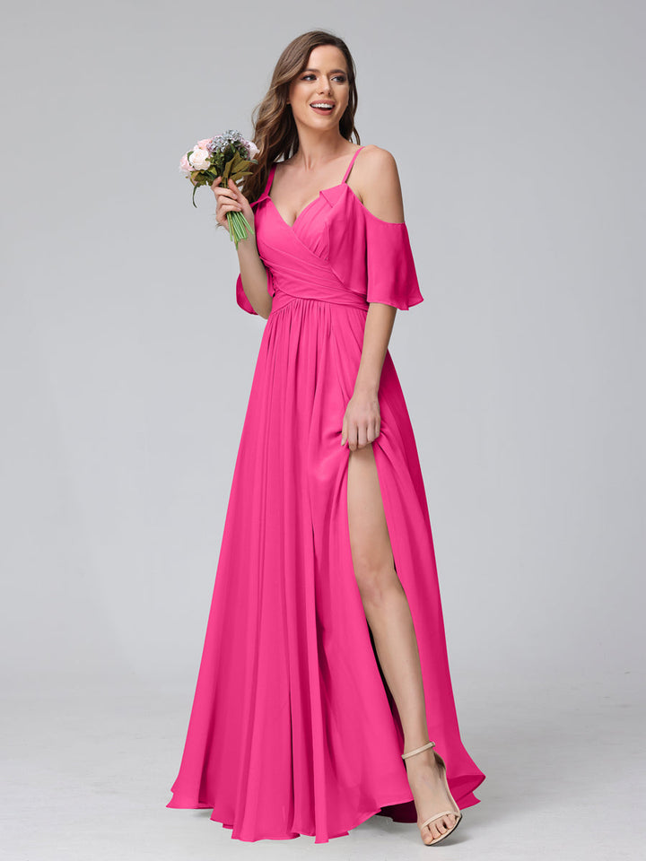 A-Line V-Neck Chiffon Long Bridesmaid Dresses With Split Side &amp; Spaghetti Straps
