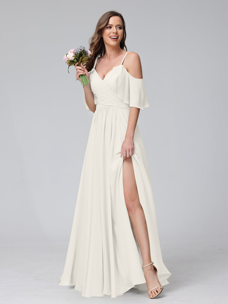 A-Line V-Neck Chiffon Long Bridesmaid Dresses With Split Side &amp; Spaghetti Straps