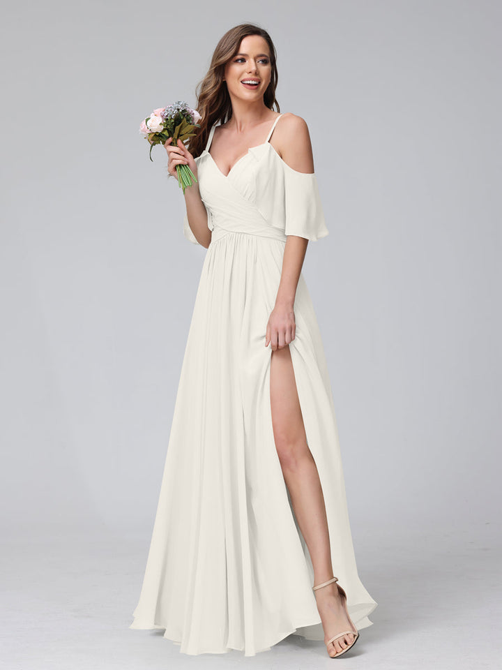 A-Line V-Neck Chiffon Long Bridesmaid Dresses With Split Side &amp; Spaghetti Straps