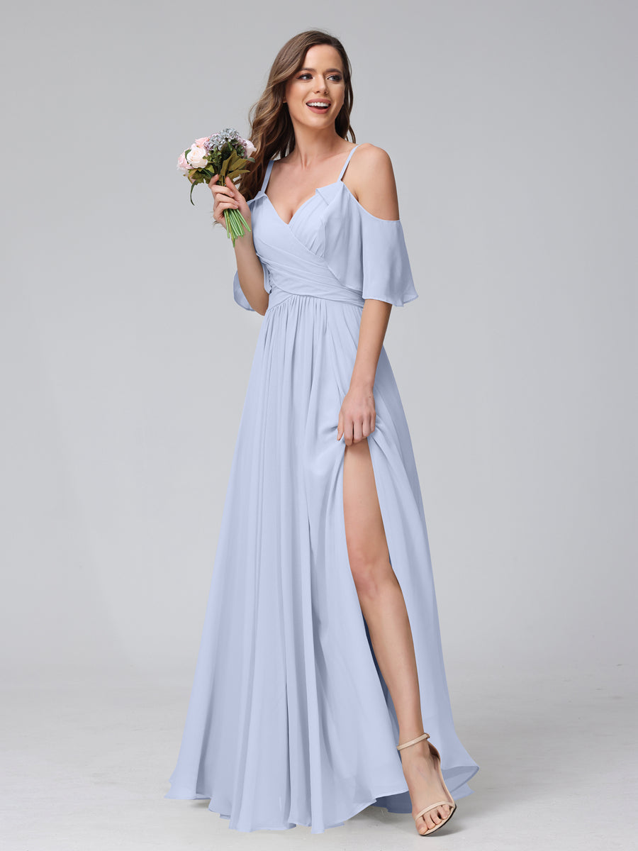 A-Line V-Neck Chiffon Long Bridesmaid Dresses With Split Side &amp; Spaghetti Straps
