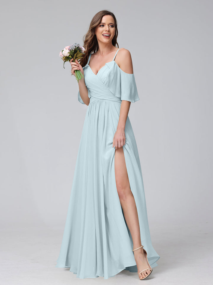 A-Line V-Neck Chiffon Long Bridesmaid Dresses With Split Side &amp; Spaghetti Straps