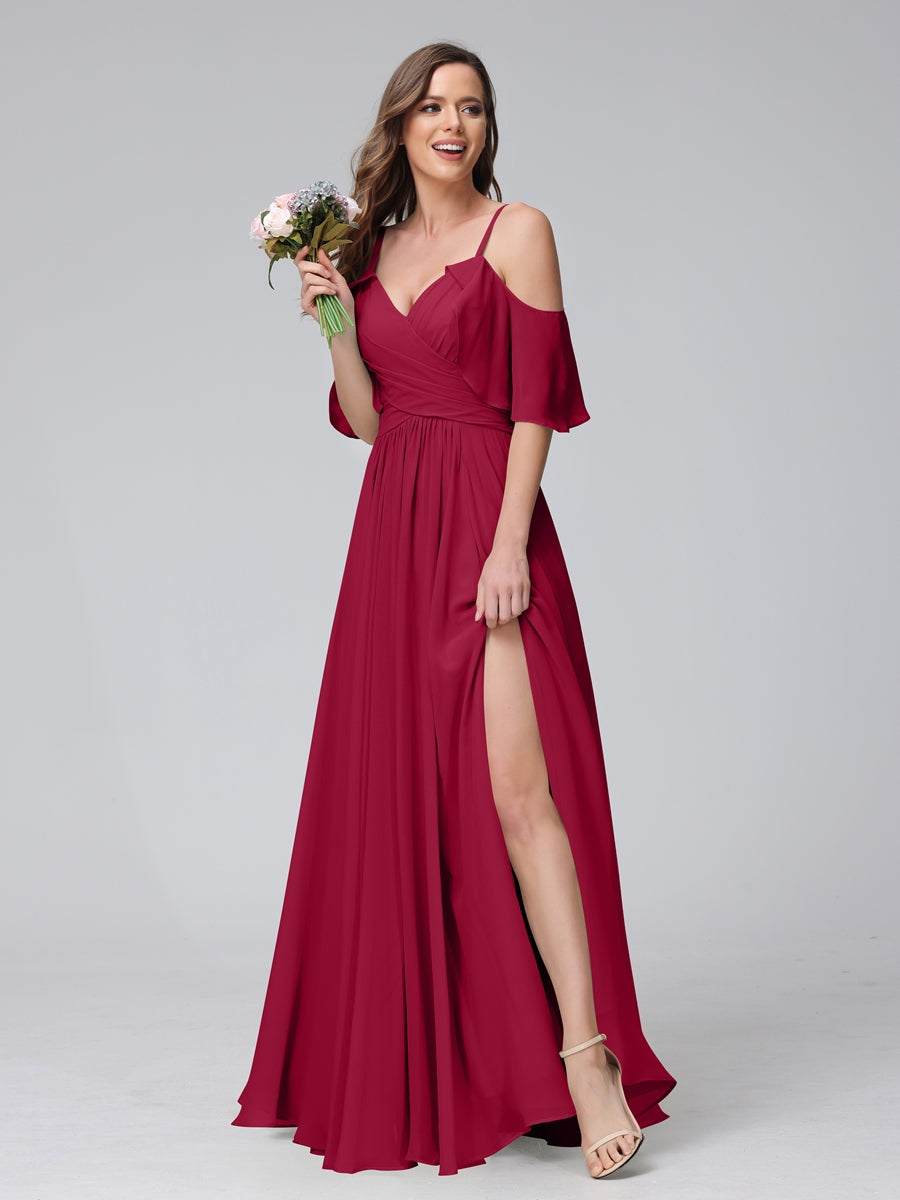 A-Line V-Neck Chiffon Long Bridesmaid Dresses With Split Side &amp; Spaghetti Straps