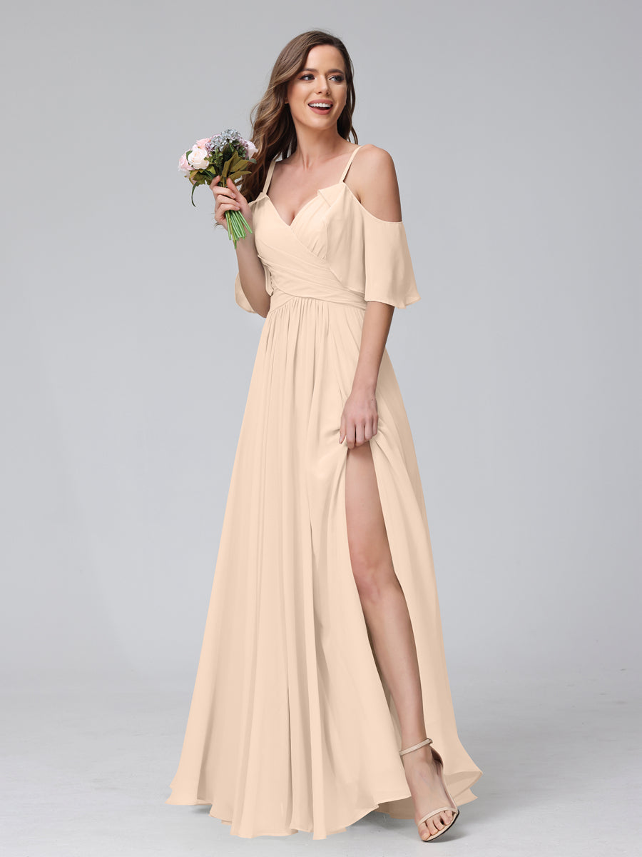 A-Line V-Neck Chiffon Long Bridesmaid Dresses With Split Side &amp; Spaghetti Straps