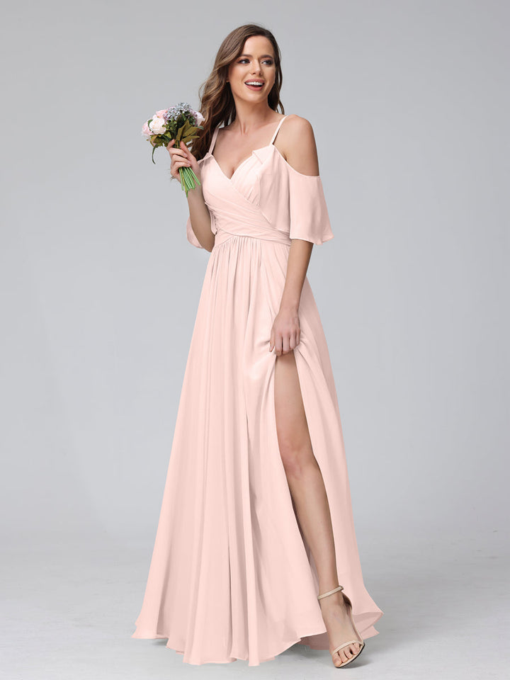 A-Line V-Neck Chiffon Long Bridesmaid Dresses With Split Side &amp; Spaghetti Straps