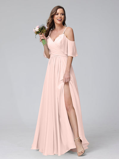 A-Line V-Neck Chiffon Long Bridesmaid Dresses With Split Side & Spaghetti Straps