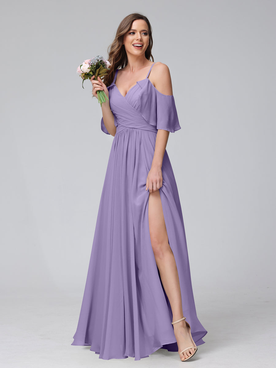 A-Line V-Neck Chiffon Long Bridesmaid Dresses With Split Side &amp; Spaghetti Straps