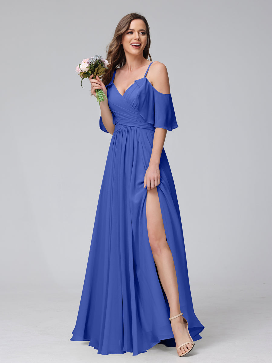 A-Line V-Neck Chiffon Long Bridesmaid Dresses With Split Side &amp; Spaghetti Straps
