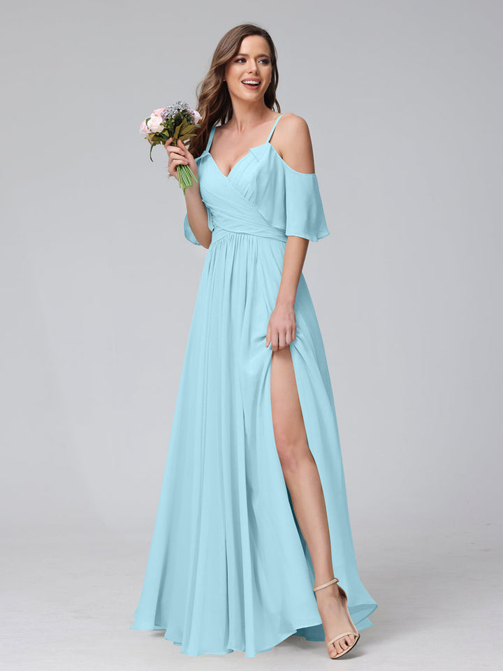 A-Line V-Neck Chiffon Long Bridesmaid Dresses With Split Side &amp; Spaghetti Straps