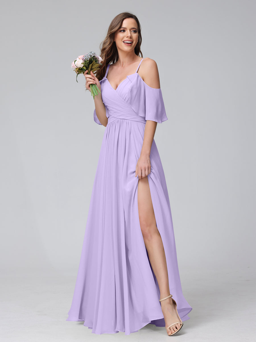 A-Line V-Neck Chiffon Long Bridesmaid Dresses With Split Side &amp; Spaghetti Straps