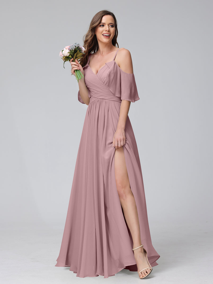 A-Line V-Neck Chiffon Long Bridesmaid Dresses With Split Side &amp; Spaghetti Straps