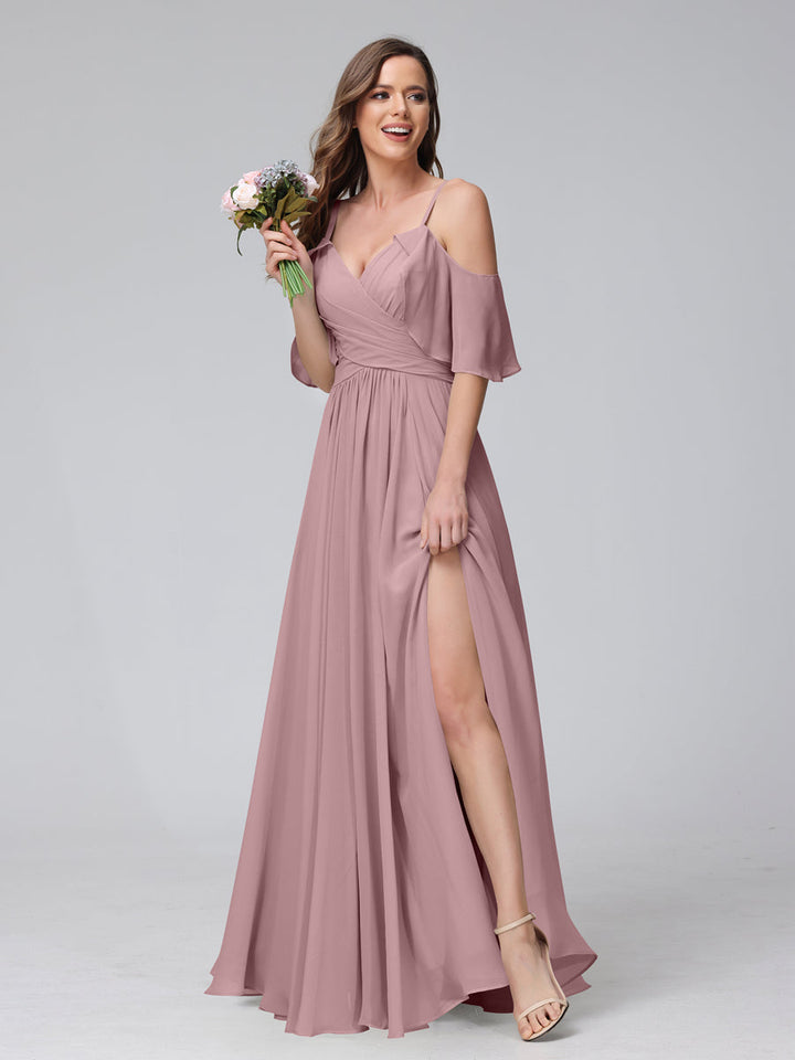 A-Line V-Neck Chiffon Long Bridesmaid Dresses With Split Side &amp; Spaghetti Straps