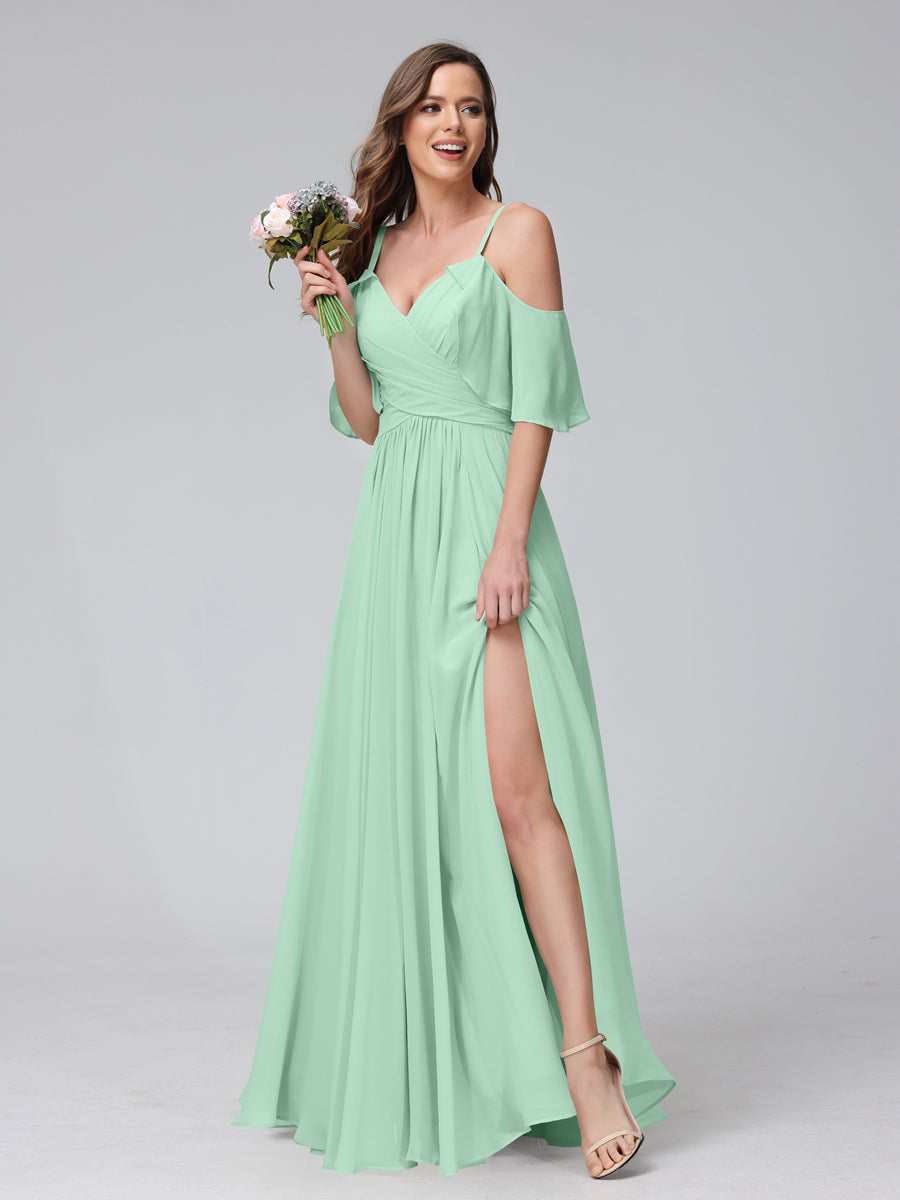 A-Line V-Neck Chiffon Long Bridesmaid Dresses With Split Side &amp; Spaghetti Straps