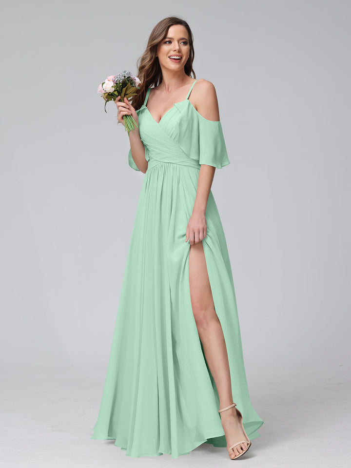 A-Line V-Neck Chiffon Long Bridesmaid Dresses With Split Side &amp; Spaghetti Straps