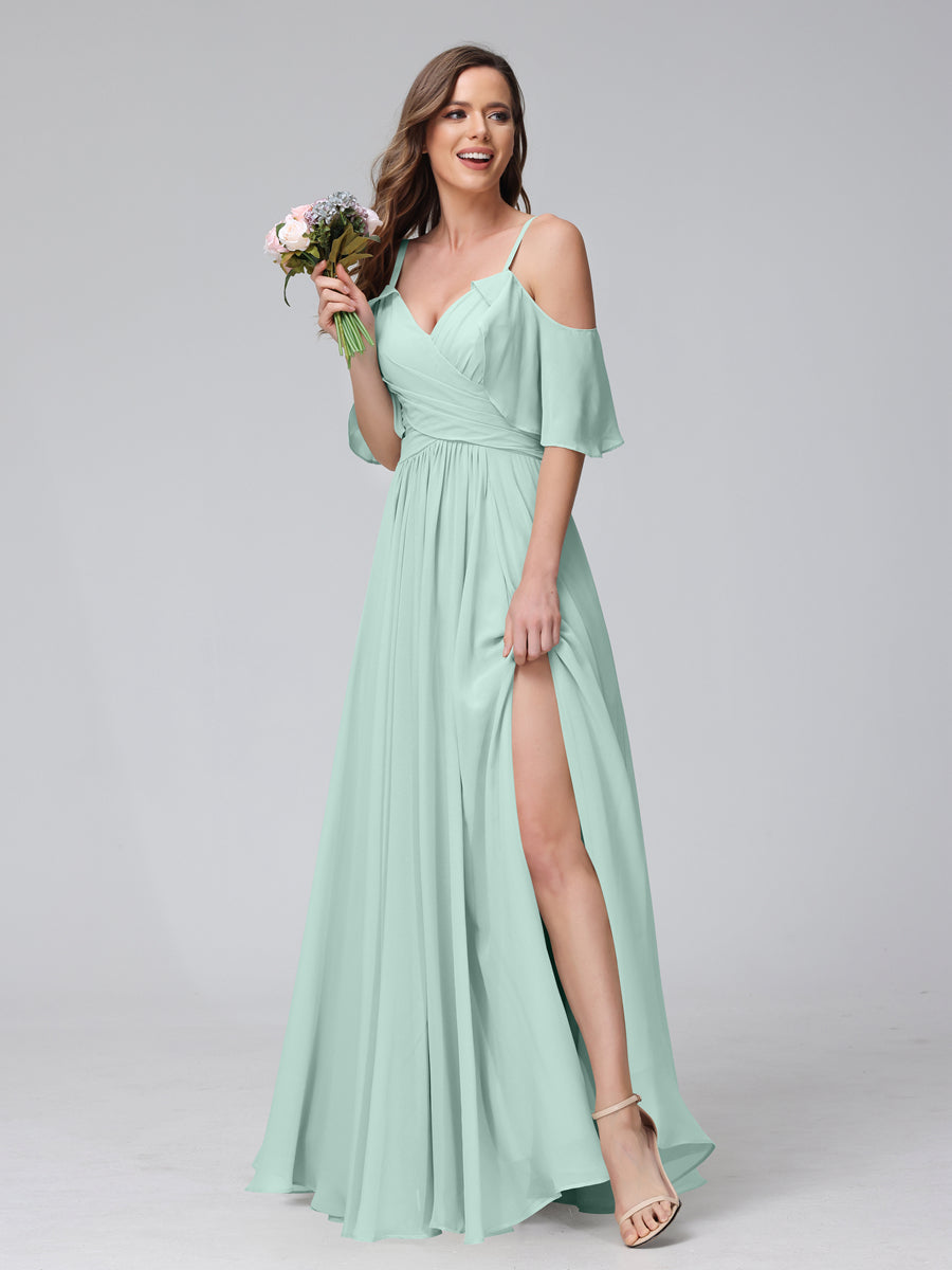 A-Line V-Neck Chiffon Long Bridesmaid Dresses With Split Side &amp; Spaghetti Straps