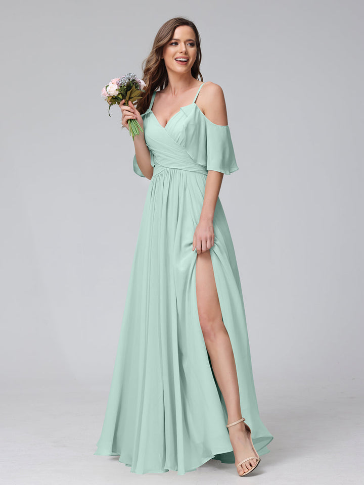 A-Line V-Neck Chiffon Long Bridesmaid Dresses With Split Side &amp; Spaghetti Straps