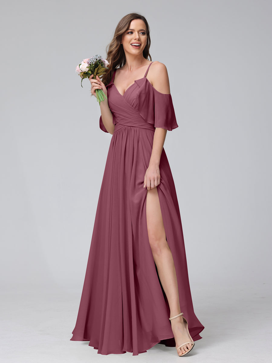 A-Line V-Neck Chiffon Long Bridesmaid Dresses With Split Side &amp; Spaghetti Straps