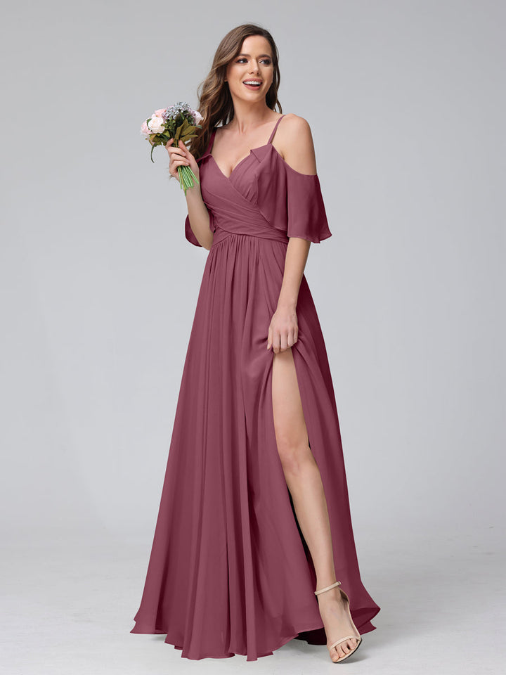 A-Line V-Neck Chiffon Long Bridesmaid Dresses With Split Side &amp; Spaghetti Straps