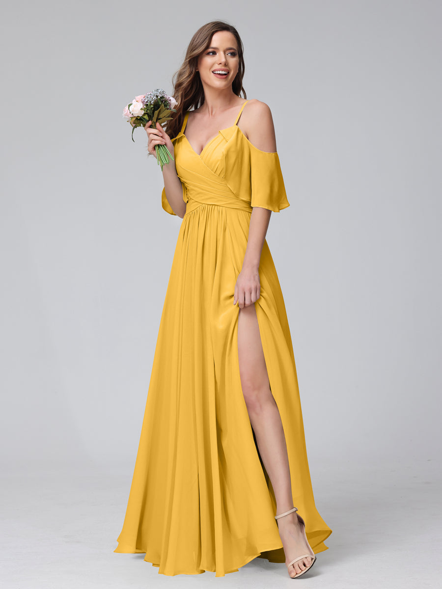 A-Line V-Neck Chiffon Long Bridesmaid Dresses With Split Side &amp; Spaghetti Straps