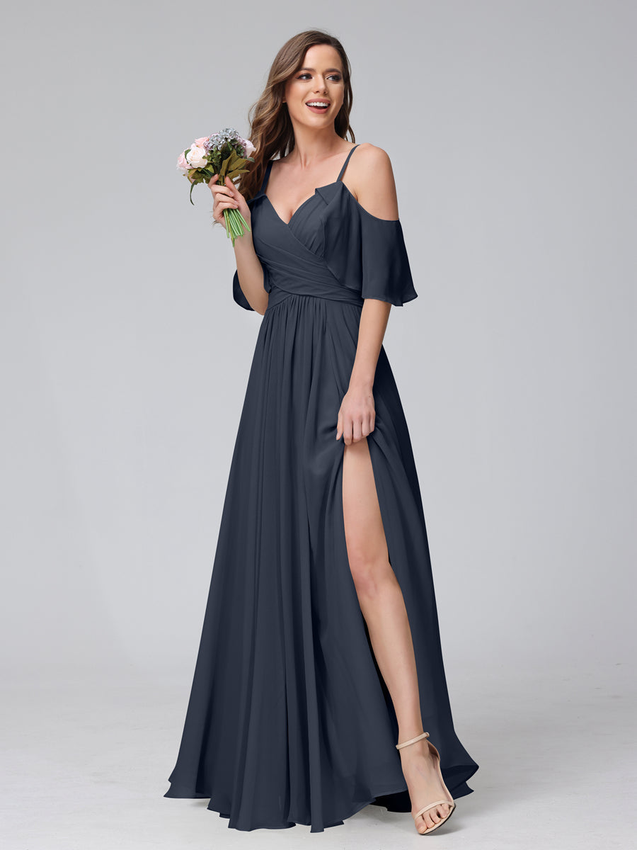 A-Line V-Neck Chiffon Long Bridesmaid Dresses With Split Side &amp; Spaghetti Straps