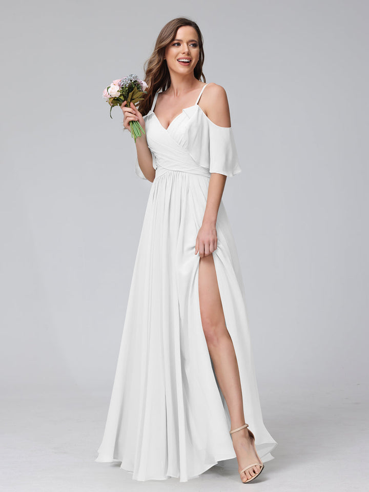 A-Line V-Neck Chiffon Long Bridesmaid Dresses With Split Side &amp; Spaghetti Straps