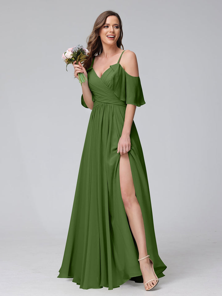 A-Line V-Neck Chiffon Long Bridesmaid Dresses With Split Side &amp; Spaghetti Straps