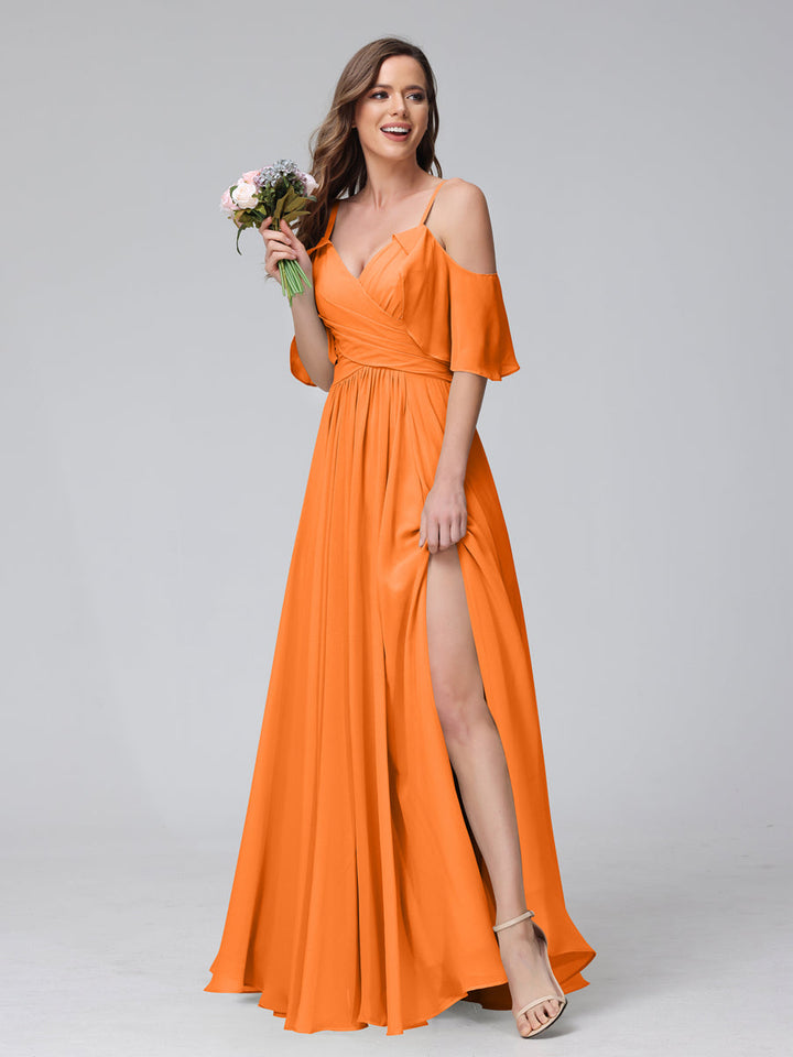 A-Line V-Neck Chiffon Long Bridesmaid Dresses With Split Side &amp; Spaghetti Straps