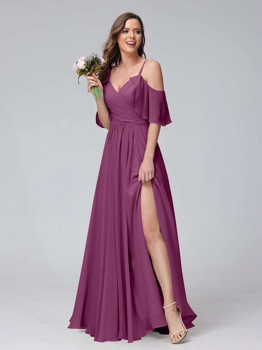 A-Line V-Neck Chiffon Long Bridesmaid Dresses With Split Side &amp; Spaghetti Straps