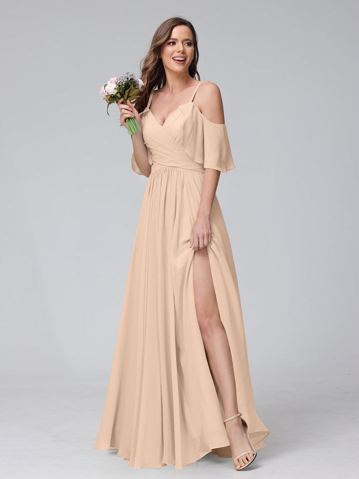 A-Line V-Neck Chiffon Long Bridesmaid Dresses With Split Side &amp; Spaghetti Straps
