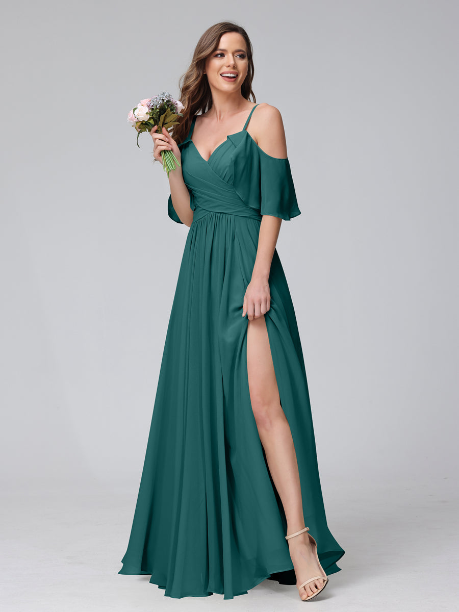 A-Line V-Neck Chiffon Long Bridesmaid Dresses With Split Side &amp; Spaghetti Straps