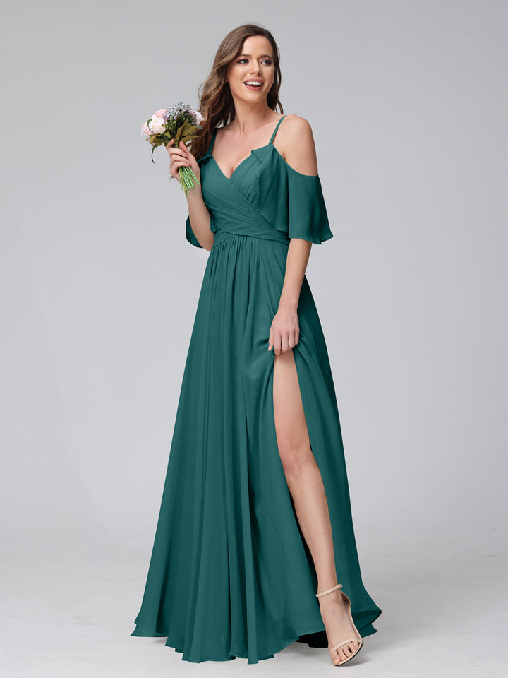 A-Line V-Neck Chiffon Long Bridesmaid Dresses With Split Side &amp; Spaghetti Straps