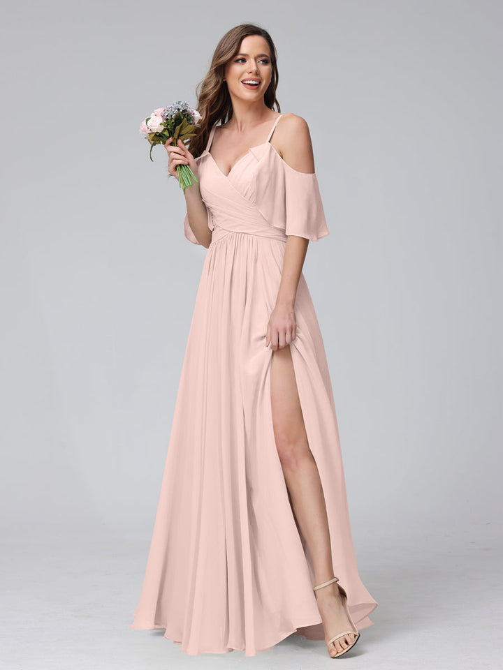 A-Line V-Neck Chiffon Long Bridesmaid Dresses With Split Side &amp; Spaghetti Straps