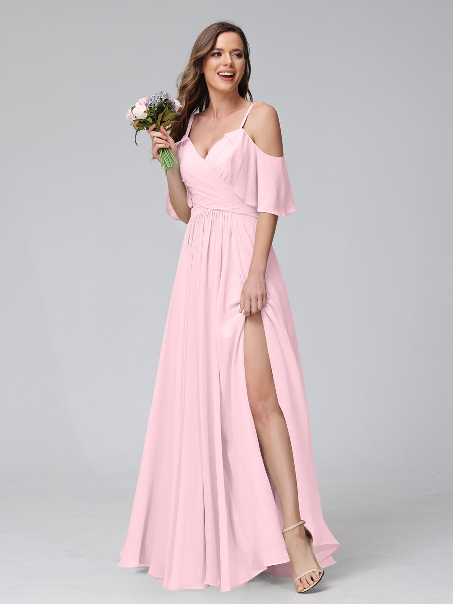 A-Line V-Neck Chiffon Long Bridesmaid Dresses With Split Side &amp; Spaghetti Straps
