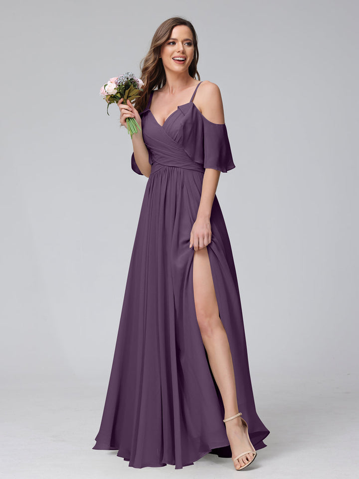 A-Line V-Neck Chiffon Long Bridesmaid Dresses With Split Side &amp; Spaghetti Straps