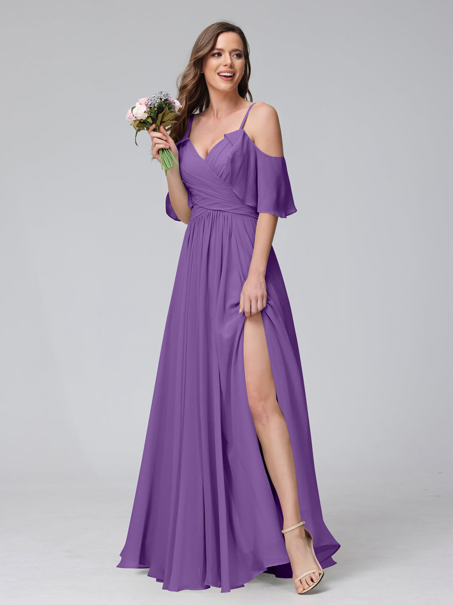 A-Line V-Neck Chiffon Long Bridesmaid Dresses With Split Side &amp; Spaghetti Straps