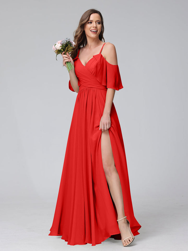 A-Line V-Neck Chiffon Long Bridesmaid Dresses With Split Side &amp; Spaghetti Straps